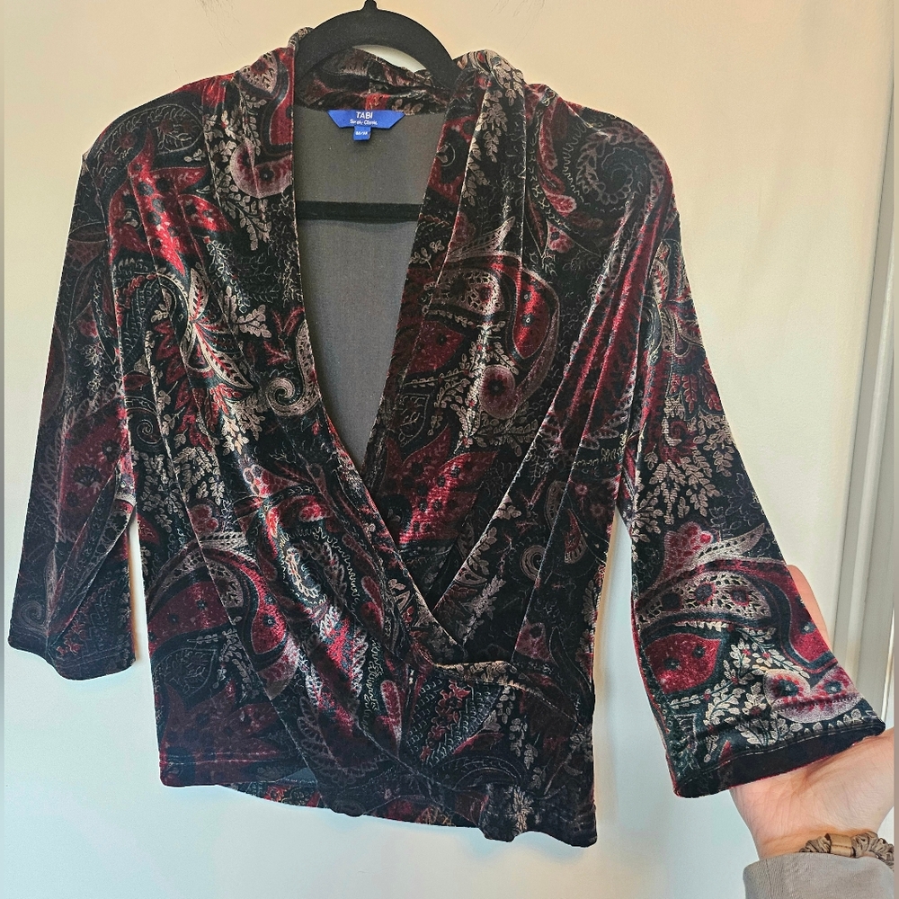 Y2K Tabi 3/4 Sleeve Velvet Dark Paisely Faux Wrap Top